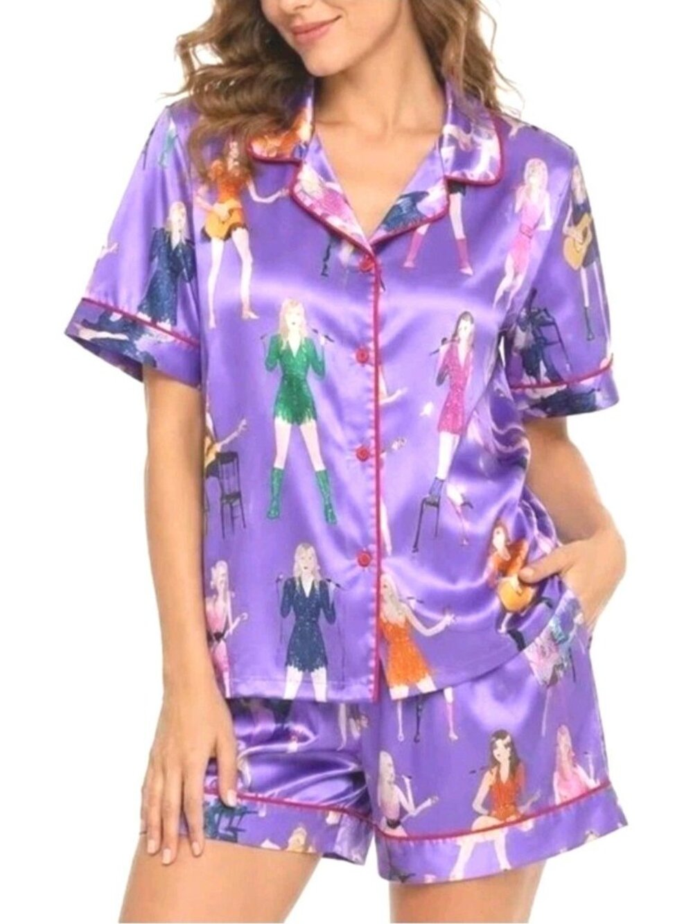 SHESHOW Taylor Swift Print Satin PJ Lounge Set 2pc Notch Collar Short Sleeve